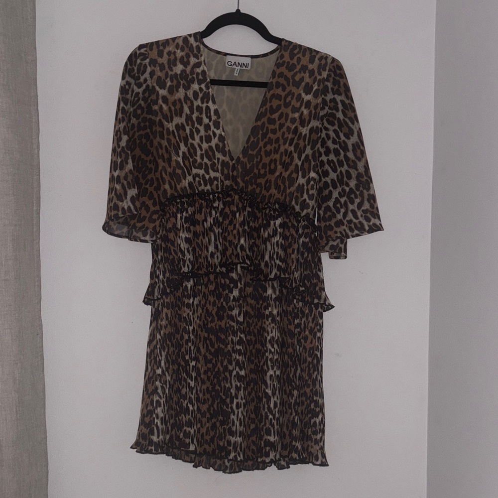 Ganni Leopard Print V-Neck Dress